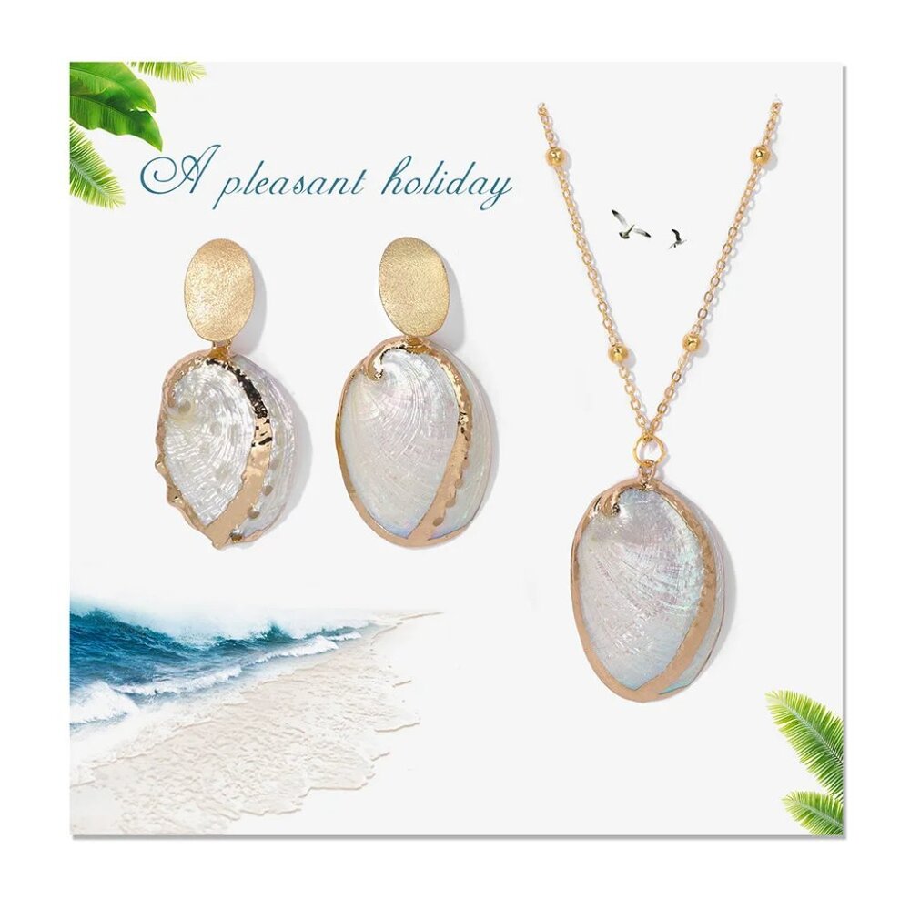 Boho Ocean Theme Jewelry Set Natural Seashell Pendant Necklace and Earrings for